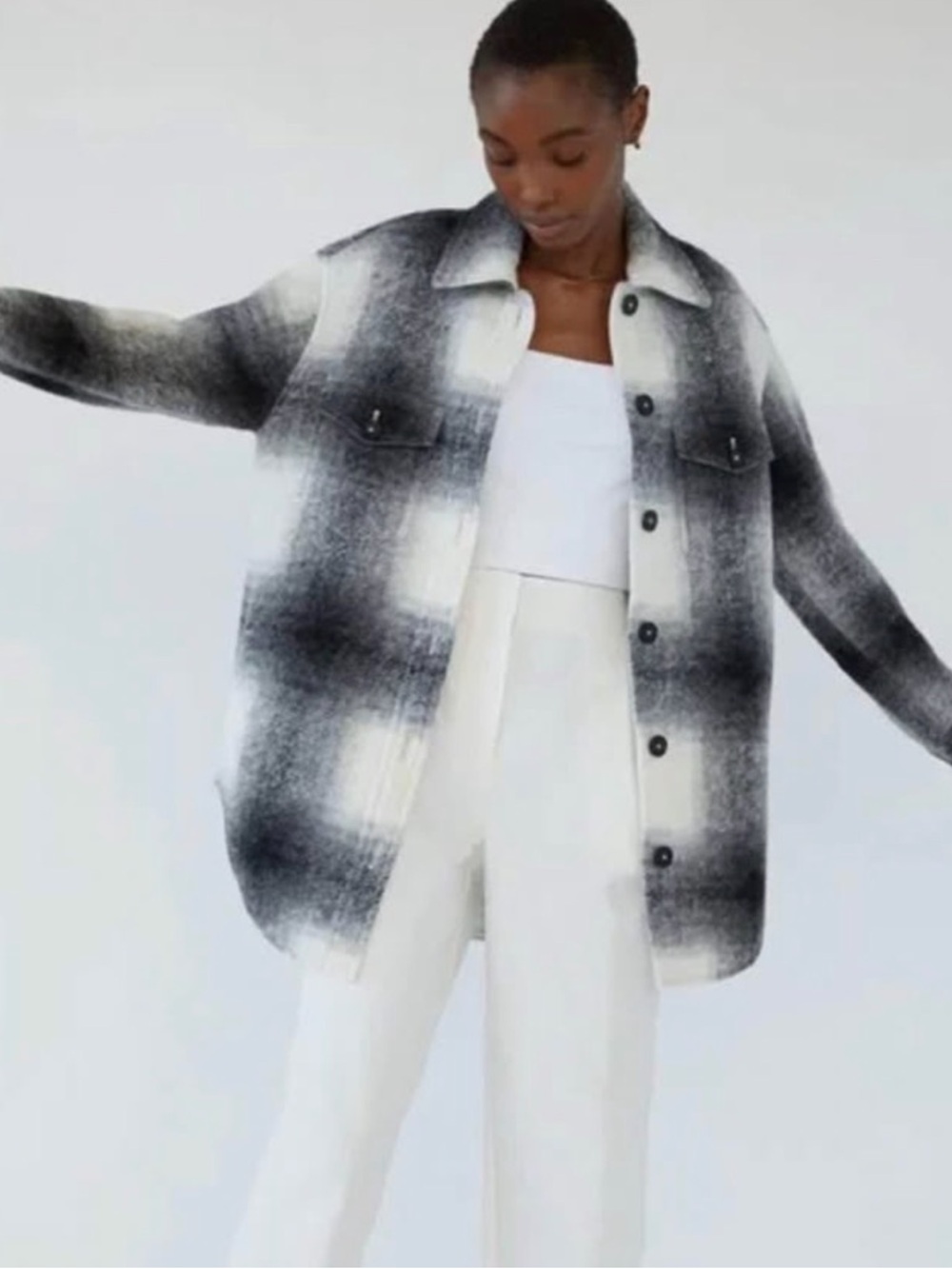 Wilfred Free Plaid Shacket in Black and Cream